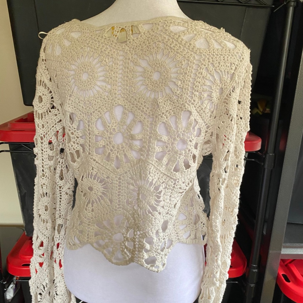 Lace Crochet Floral Sheer Cream Top Medium Boho Festival Doily Western Cotton - Picture 3 of 5